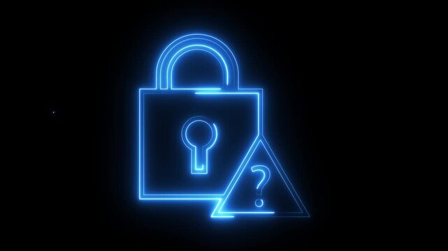 Neon glowing padlock symbol with a question mark animation on a black dark background loop.