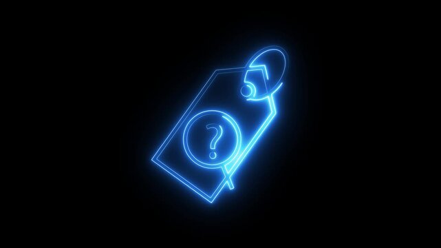 Neon blue light tag with question mark symbol glowing on dark black background motion clip.