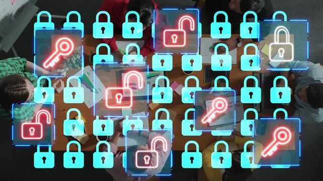 Digital concept of cybersecurity featuring padlocks and keys over a collaborative workspace with people engaging in discussions and brainstorming sessions. Entropy.