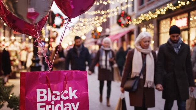Black Friday shopping bag and balloons on festive city street
