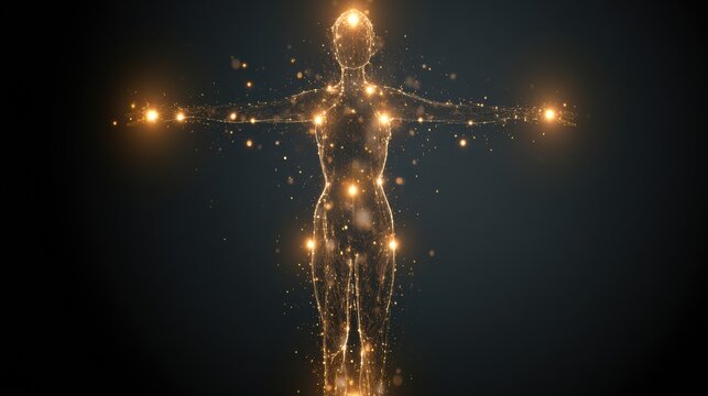 A wide view shows an abstract female form glowing in warm amber hues against a dark background, representing hormonal balance and wellness.