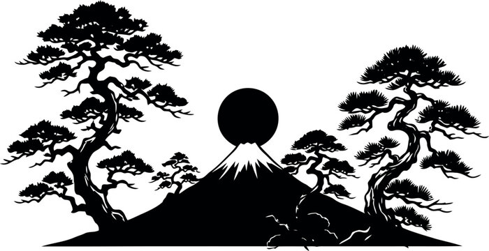 Black volcano erupting with smoke between bonsai trees