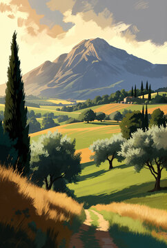 Generated painting illustration of mediterranean Italy nature landscape.