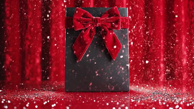 Black gift box with red velvet bow under falling snow