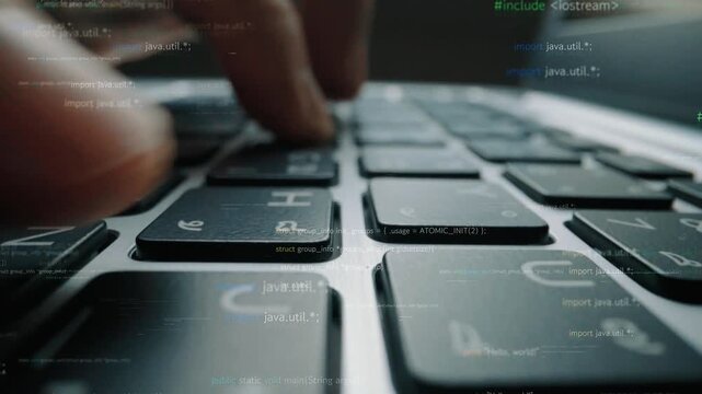 A close-up perspective showing a finger pressing a key on a computer keyboard, surrounded by floating lines of code, symbolizing programming and digital innovation. Xenic