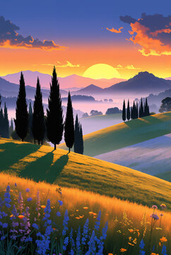Generated painting illustration of mediterranean Italy nature landscape.