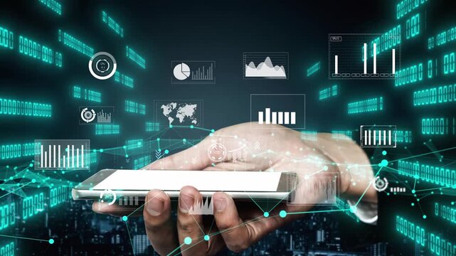 A hand holds a smartphone displaying advanced data analytics and visualization elements, symbolizing the intersection of technology, communication, and modern business growth. Xenic
