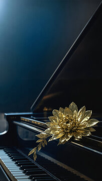 Golden flower resting on a grand piano in a quiet dark scene