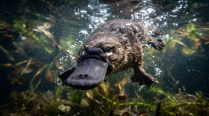 Fototapeta premium duck-billed platypus swimming underwater closeup
