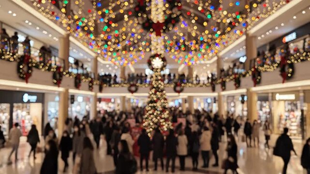 Blurred crowd shopping in decorated mall during Christmas season