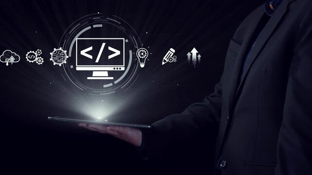 Modern web development concept featuring coding symbols, web development process, web development interface, and web development tools with futuristic design. Elide