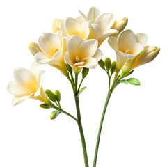 Obraz premium Beautiful delicate cream colored freesia flower stems isolated on transparent background