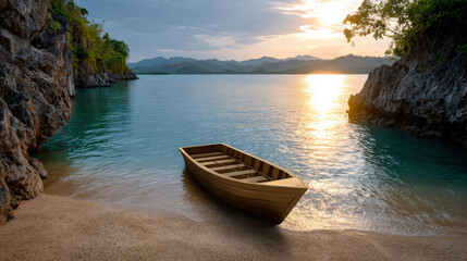 Obraz premium A serene and empty wooden boat rests on a sandy shore, nestled between two rocky cliffs. The calm turquoise water reflects the warm golden hues of the sunset.
