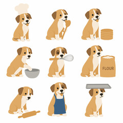 Obraz premium Set of cute cartoon brown and white puppy illustrations in various baking and cooking poses, including wearing a chef hat, using a whisk, rolling pin, flour bag, and mixing bowl on white.