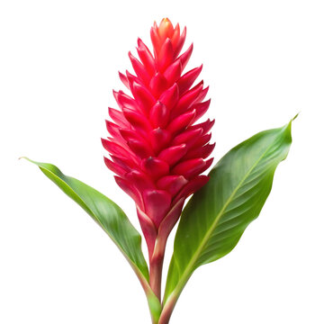 Vibrant red ginger flower with green leaves isolated on transparent background