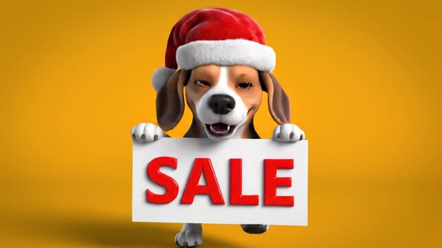 Cartoon beagle dog wearing Santa hat holding red sale sign