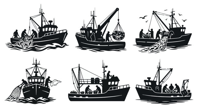 A set of six commercial fishing trawler and fishermen fishing silhouette vector icon illustrations on a white background
