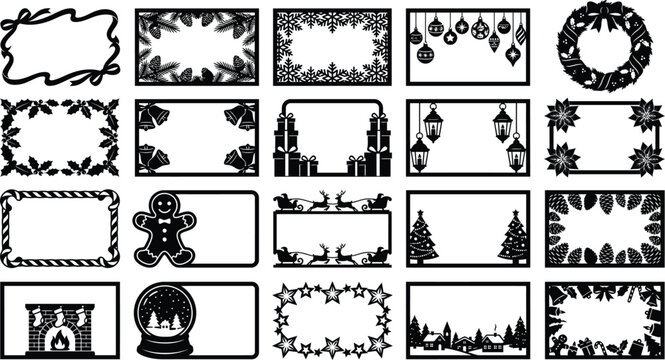 Set of twenty black and white Christmas holiday frames and decorative borders for festive cards Vector