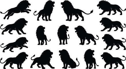 Collection of fifteen black lion silhouettes in various aggressive and walking poses, isolated on a white background for © GR Graphics