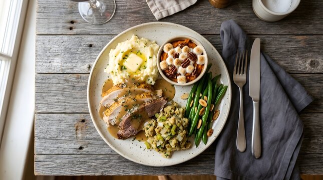 A delicious traditional festive thanks giving day dinner plate featuring roasted turkey mashed potatoes green beans stuffing and gravy on rustic wooden table