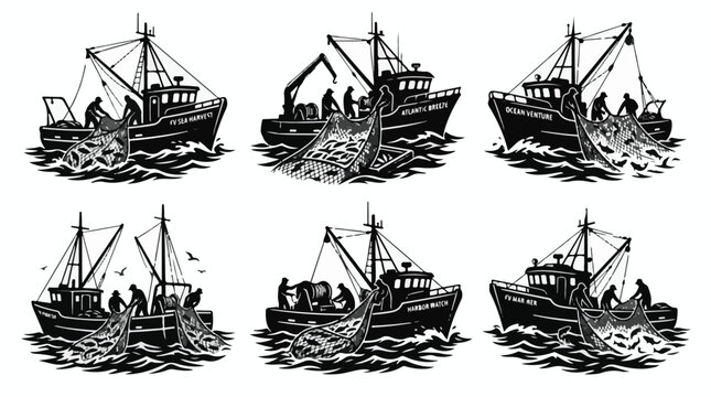 A set of six commercial fishing trawler and fishermen fishing silhouette vector icon illustrations on a white background
