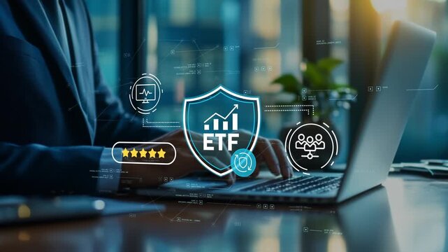 Business professional in futuristic office managing financial assets and protected wealth management strategy with secure ETF investment framework and portfolio oversight