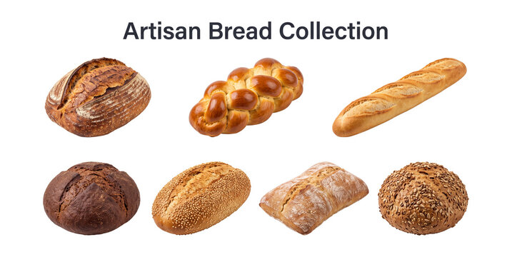 Artisan bread collection set with sourdough baguette rye loaf and seeded boules design elements isolated on transparent