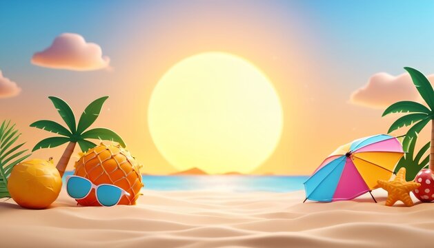 Tropical beach with pineapple and colorful umbrella