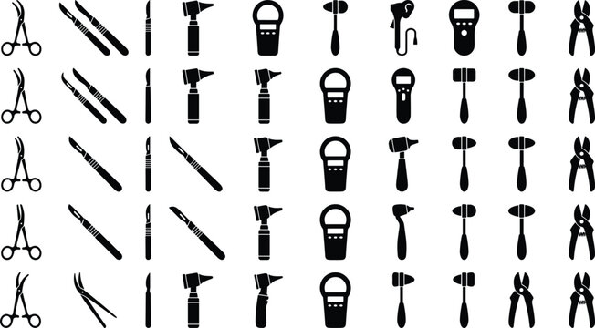 Set of black silhouette medical instruments, surgical tools, and diagnostic equipment icons