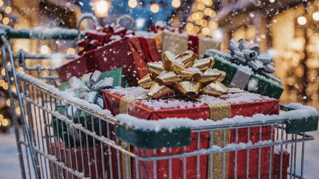 Christmas shopping cart with gifts in snowy outdoor market