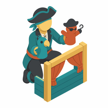 Isometric vector illustration of a pirate character performing a hand puppet show using parrot and pirate puppets on a miniature wooden theater stage with red curtains.