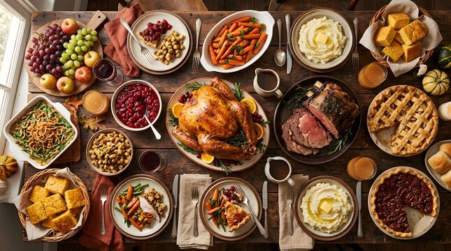 A delicious festive thanks giving day dinner feast featuring a roasted turkey with various traditional side dishes on a rustic wooden table background