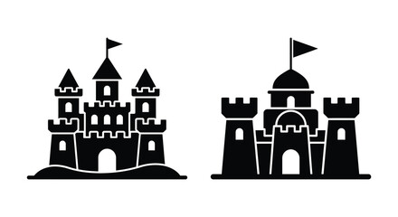 Two Black Silhouette Castles With Flags On White Background Architectural Shapes castle © Mithon