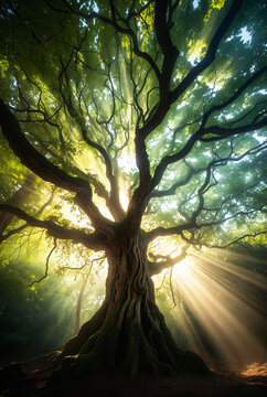 Generated artificial illustration of a tree in the jungle against the morning sunrays.