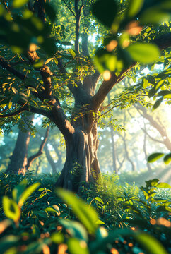 Generated artificial illustration of a tree in the jungle against the morning sunrays.