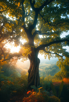 Generated artificial illustration of a tree in the jungle against the morning sunrays.