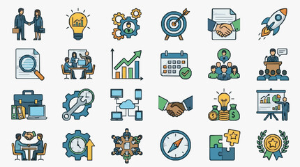 Fototapeta premium Minimalist Colorful Business and Strategy Icons Set with Professional Illustrations of Meetings Growth and Success