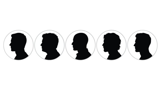 A set of six male profile side view silhouette vector icon illustrations on a white background
