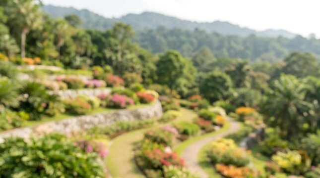A vibrant botanical garden with winding paths and colorful flowers cascading down rolling hills under a hazy sky.