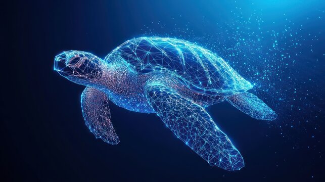 Low-poly sea turtle swimming in deep blue ocean.