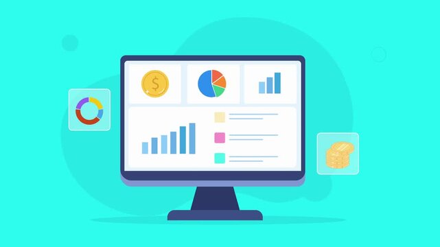 Flat vector animated desktop monitor displaying financial analytics dashboard with charts, revenue metrics, and floating finance icons. Ideal for business, fintech, and technology motion graphics.