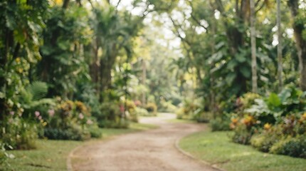 Fototapeta premium A winding dirt path through a lush, green botanical garden with abundant tropical foliage and flowering plants.