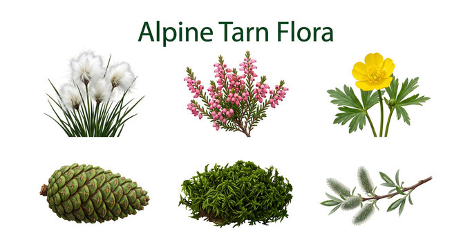 Alpine tarn flora collection set featuring mountain cotton grass heather buttercup and pinecone botanical elements isolated on transparent background