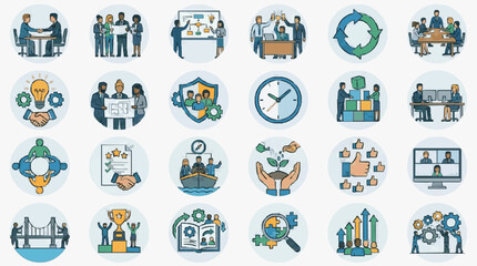 Fototapeta premium Dynamic Illustrated Guide to Modern Business Collaboration Innovation and Teamwork Concepts with high quality professional line art symbols for modern creative design and digital branding projects