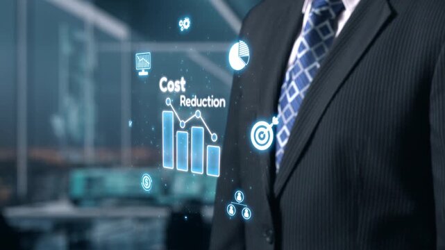 A professional businessman dressed in a suit stands confidently in a modern office, with holographic graphs and charts illustrating innovative cost reduction strategies. Qubit