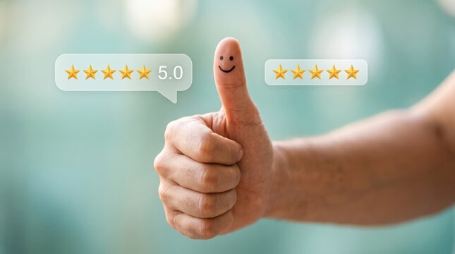 Five Star Rating with Thumbs Up: A thumb with a smiley face drawn on it gives a thumbs-up gesture, accompanied by a five-star rating graphic.