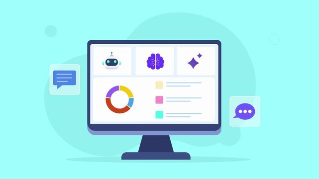 Flat vector animated desktop monitor displaying AI analytics dashboard with machine learning, chatbot, data visualization, and messaging interface. Ideal for business, artificial intelligence, and tec
