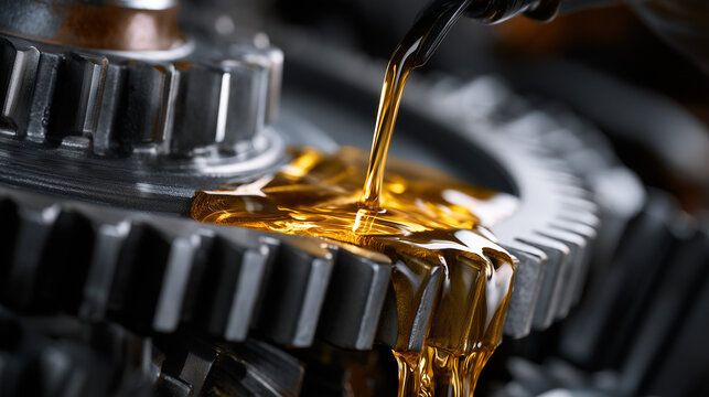 Engine gear lubrication oil pouring on metal cogwheel. Industrial transmission machine rotating with golden liquid maintenance. Automotive mechanism technology working in slow motion.