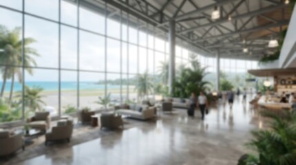 Fototapeta premium Modern airport terminal lounge with a tropical beach view, featuring large windows, comfortable seating, and people walking.