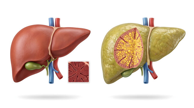 Comparison of healthy and diseased fatty human liver anatomy showing tissue cross-sections for medical education